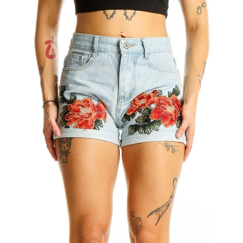 Floral Embroidered Denim Shorts, Feminine Floral Jean Shorts Sz S